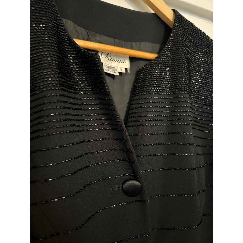 VTG Rimini Black Beaded Evening Jacket Womens 8 V-Neck Satin Button Blazer - Picture 7 of 14